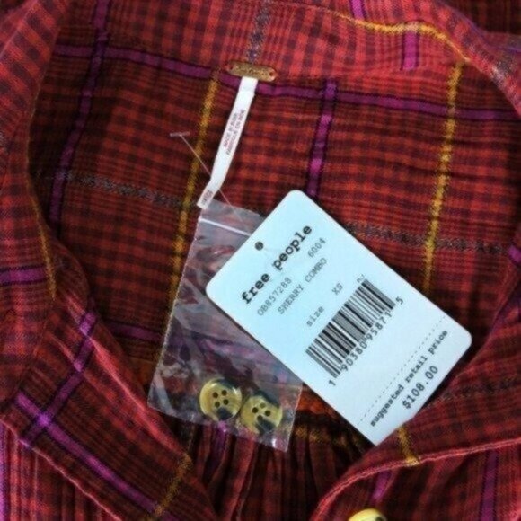 Free People Oversized Plaid Button Up Shirt Red - Picture 5 of 6